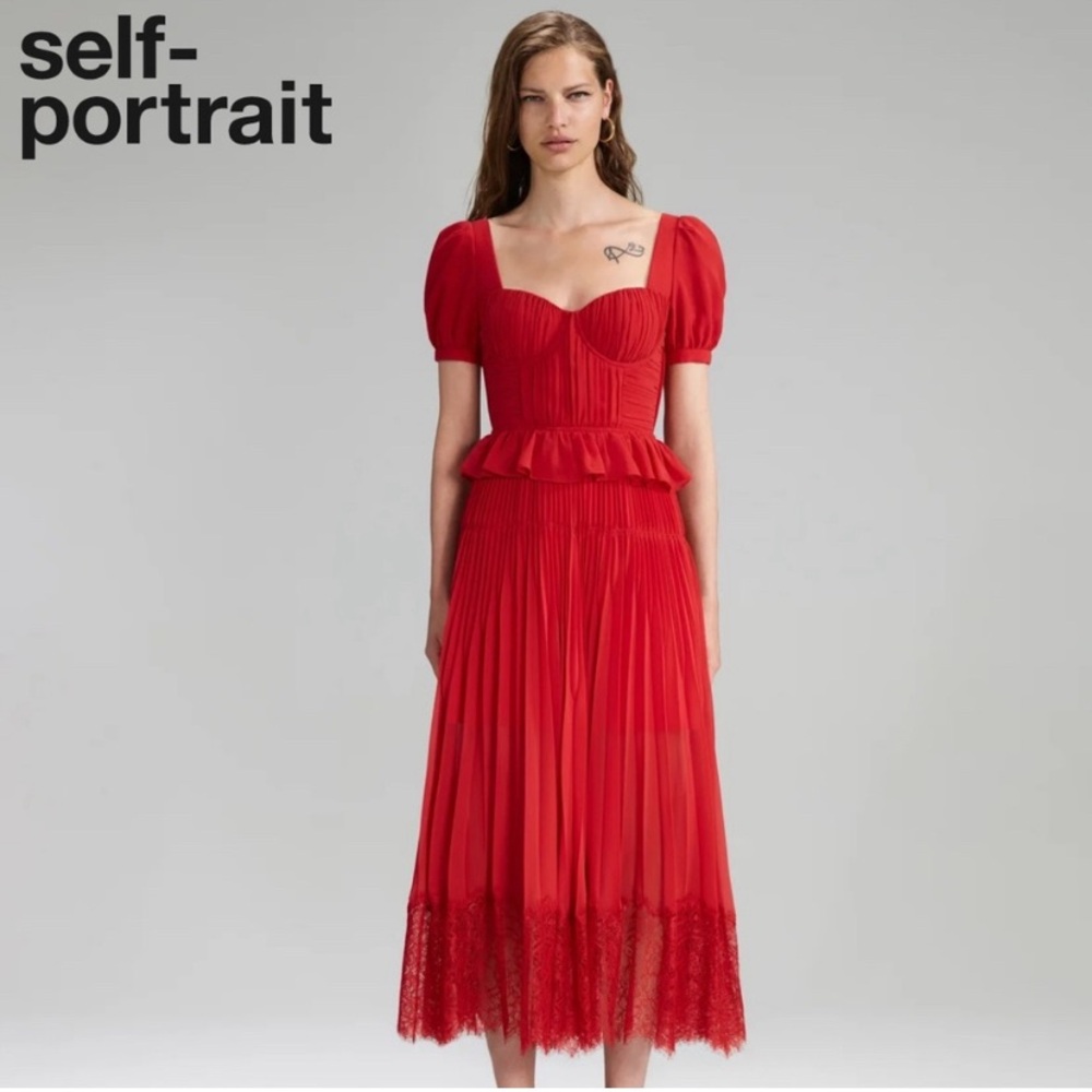 Self-Portrait Red Peplum Midi Dress with Puff Sleeves